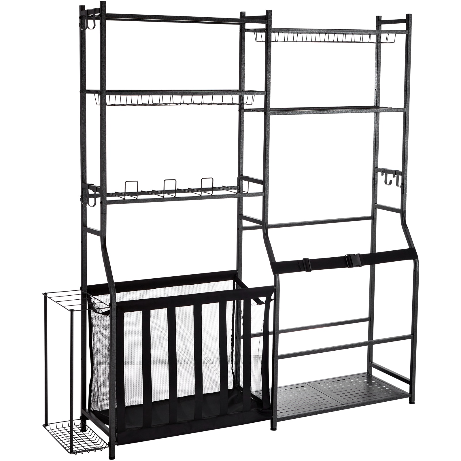 Golf Storage Garage Organizer, 2 Golf Bag Storage Stand Holder And Other Sports Equipment Storage Rack, Outdoor Steel Ball Cart, Sports Gear And Toys Storage Shelves With Baskets & Hooks, Black_maomaolike.com